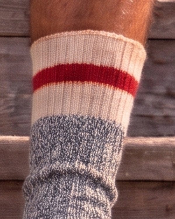 Close-up of a cream ribbed sock cuff with one red stripe.