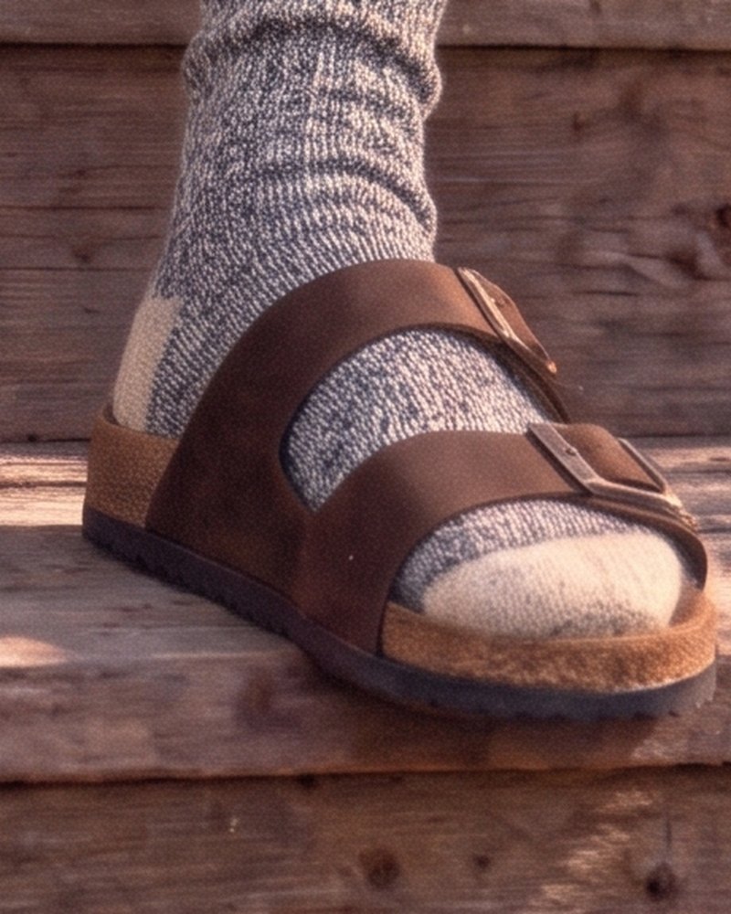 Close-up of a cream sock toe in a brown two-strap sandal on a wooden step.