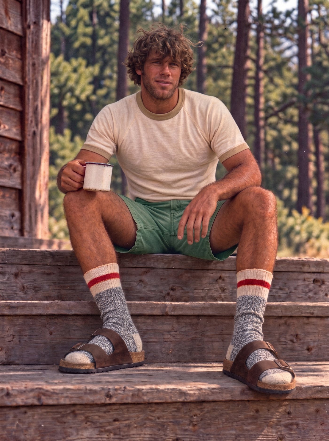 A man with curly hair sits on weathered cabin steps among pines, holding an enamel camp mug. He wears a cream ringer tee, green shorts, and tall gray socks with a red stripe under brown sandals.